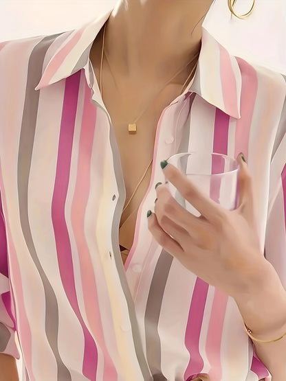 Women'S Casual Striped Shirt, Button-Up Design, Made Of, Suitable for Spring, Summer, And Autumn Casual Or Formal Wear | Classic Lapel Fashion Button-Up, Elegant Women'S Shirt, Beautiful Women'S Shirt, Autumn Women'S Top Trend, Women'S Clothing