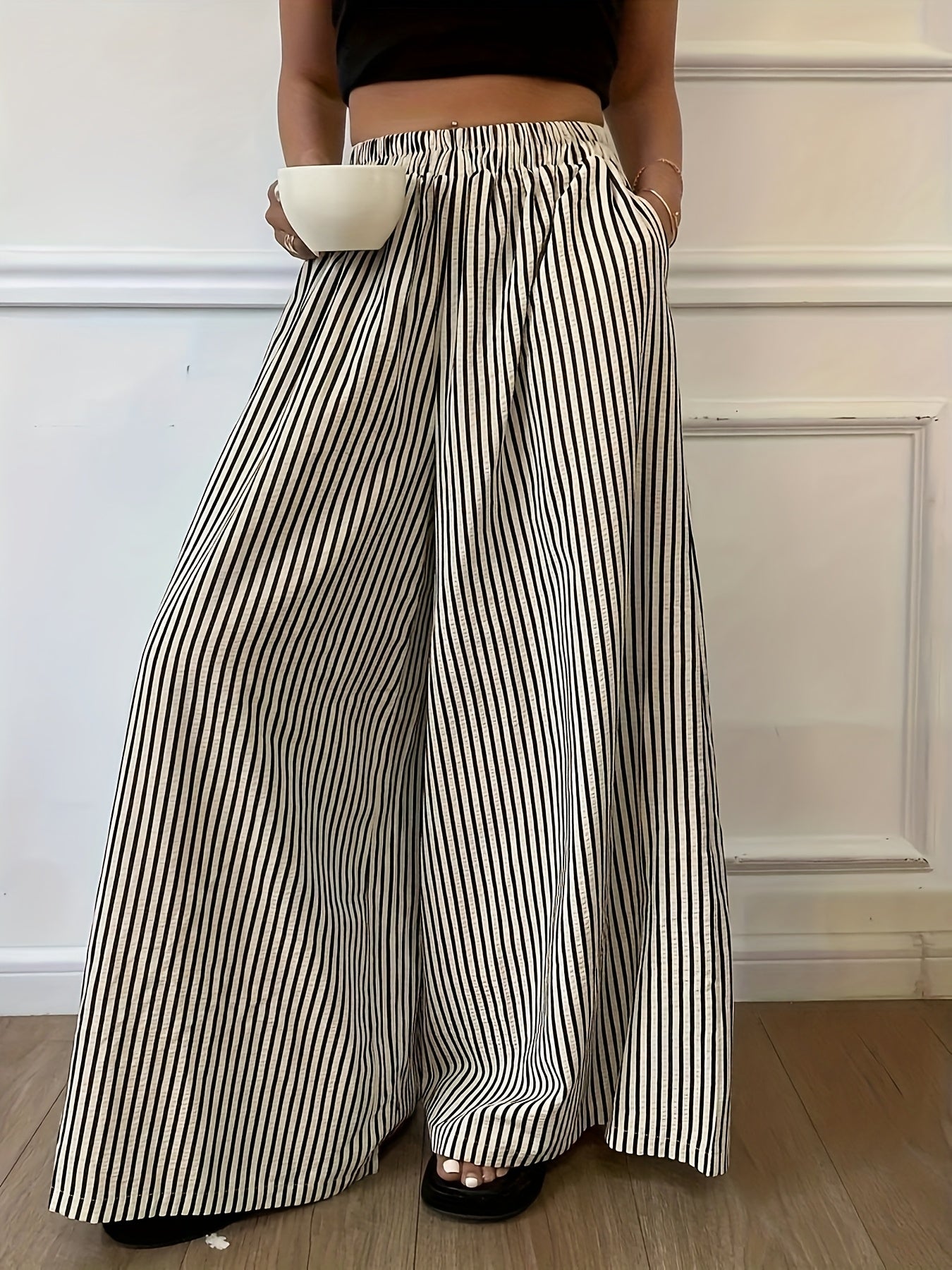 Striped Pocket Wide-Leg Pants for Women, Comfortable for All Seasons