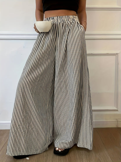 Striped Pocket Wide-Leg Pants for Women, Comfortable for All Seasons
