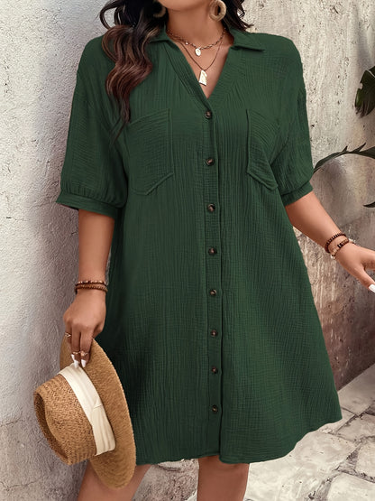 Plus Size - Plus Size - Plus Size Women'S Fashionable Retro Solid Color Short Sleeve Pocket Shirt Dress