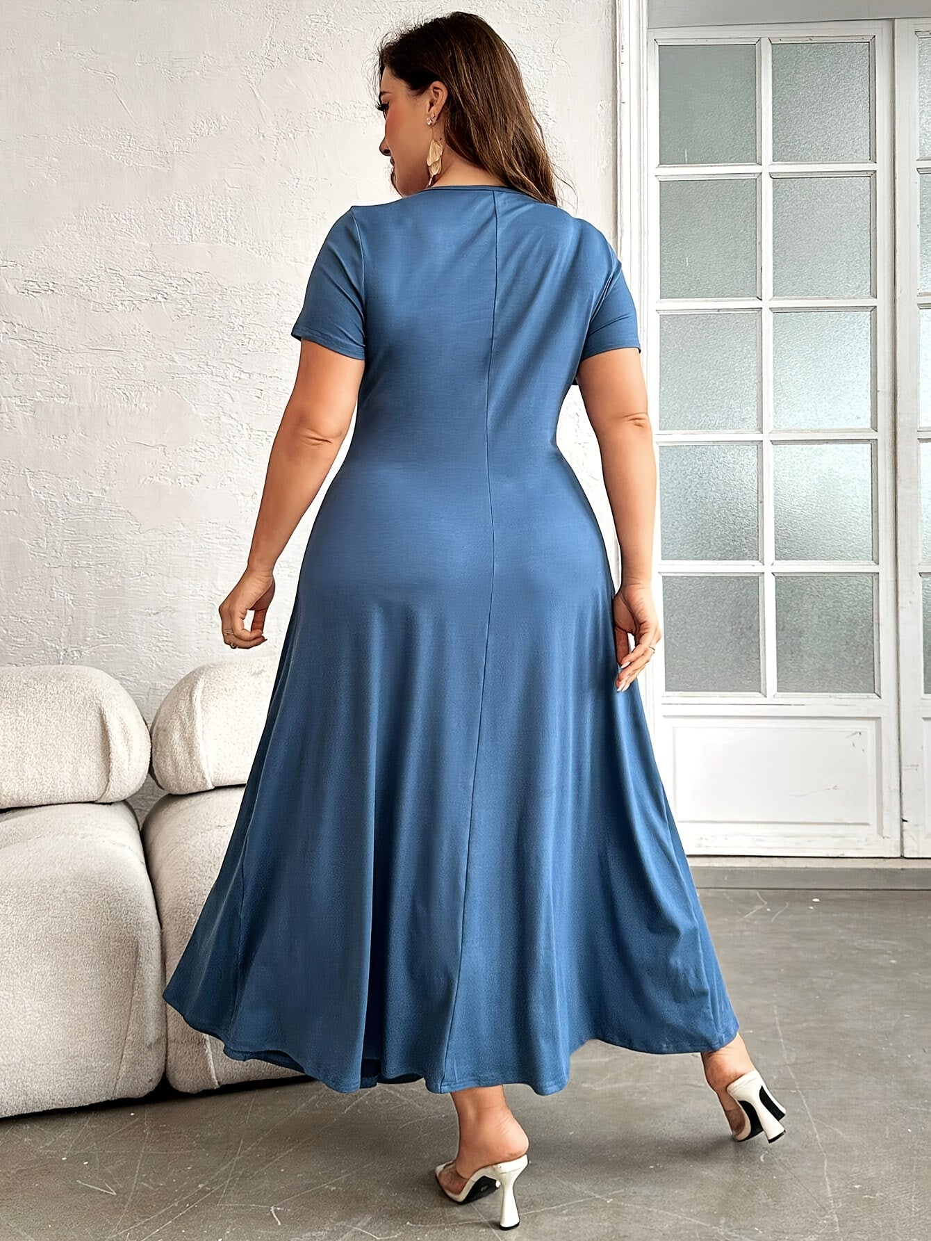Plus Size, Button- Collar with Pleated Detail Short Sleeve Dress, Suitable for Beach, Party, Summer, Casual, Vacation, and Date