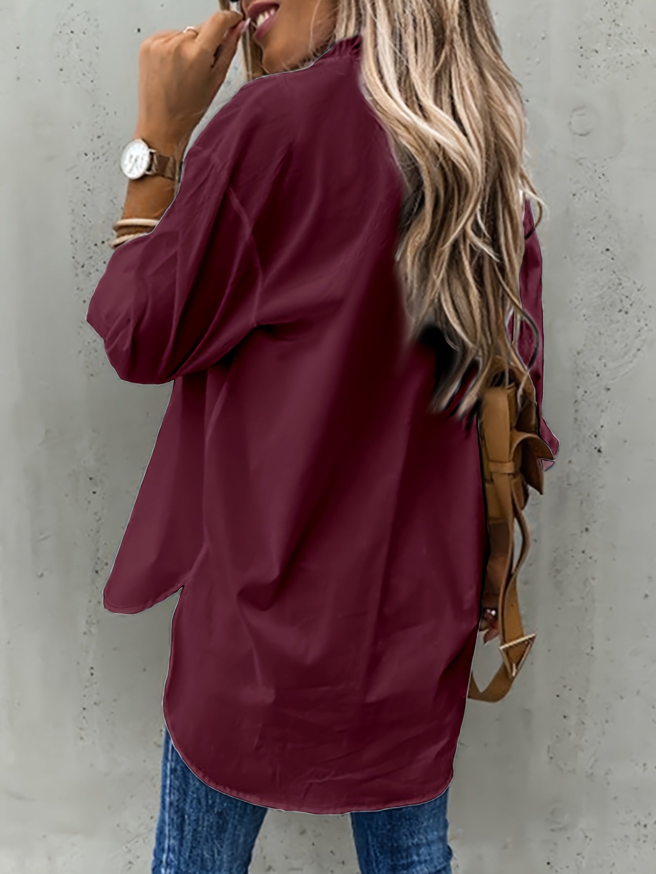 Button Front Long Sleeve Shirt, Casual Solid Office Shirt With Collar, Women's Clothing