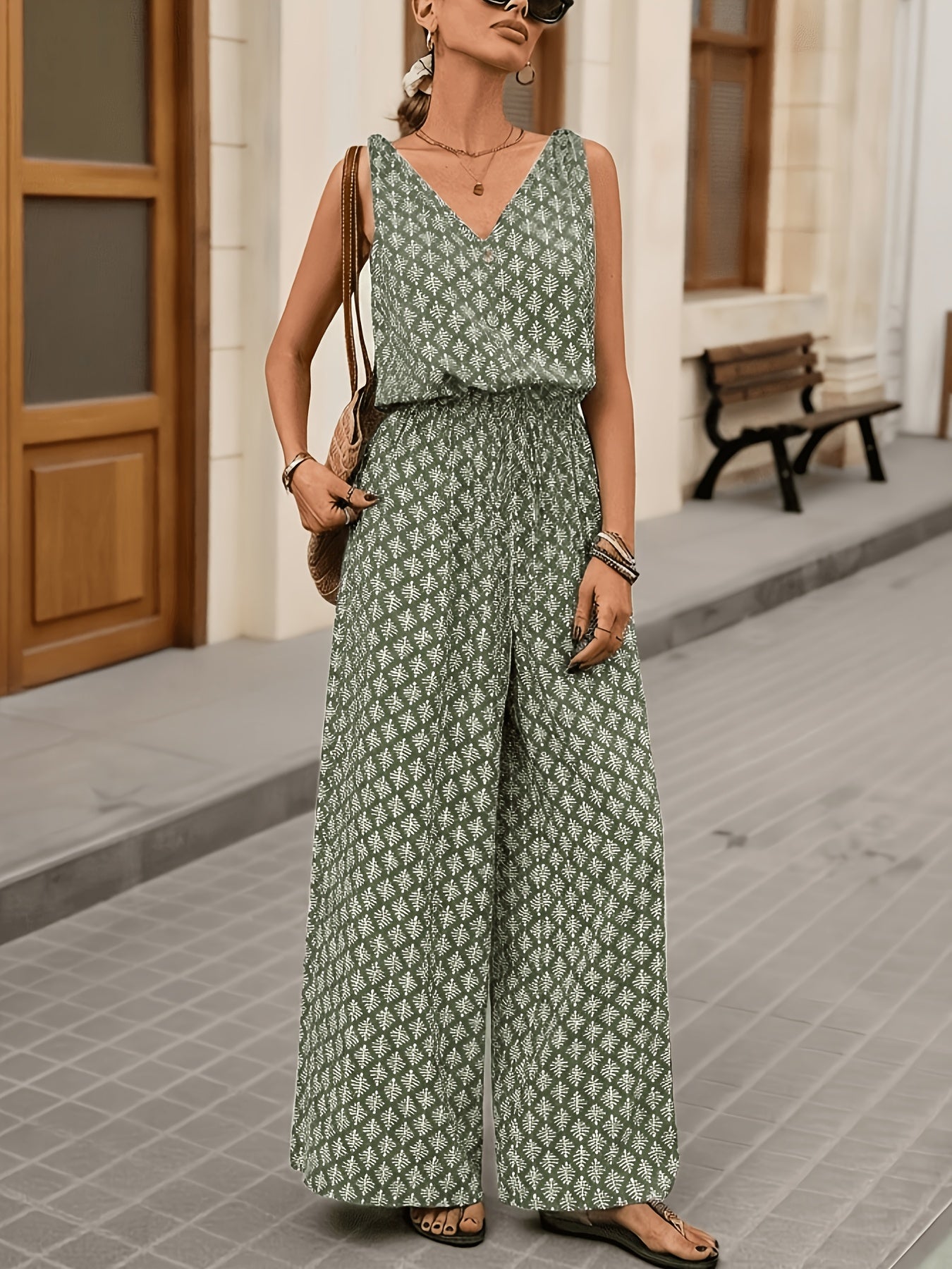 Women's Casual Jumpsuit/Summer Wide-Leg/Printed Sleeveless V-Neck Long with Pockets and Buttons/Green, Apricot