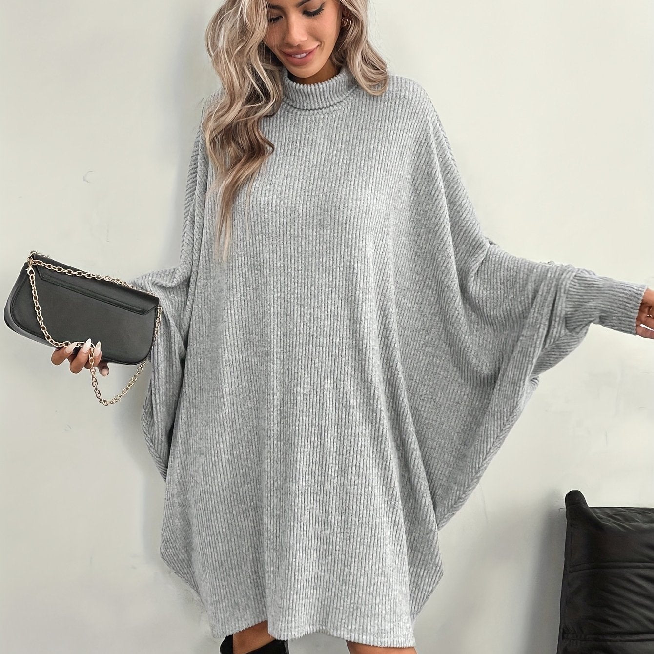Women's Solid Color High Neck Batwing Sleeve Dress