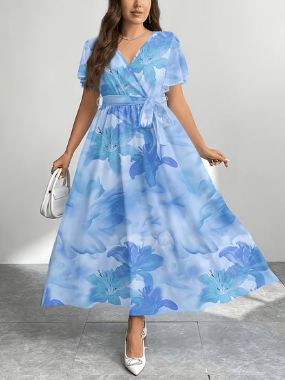 [Plus Size Summer Dress] Plus Size Women's Summer Dress | Printed Round Neck Short Sleeve Raglan Long | Christmas Set
