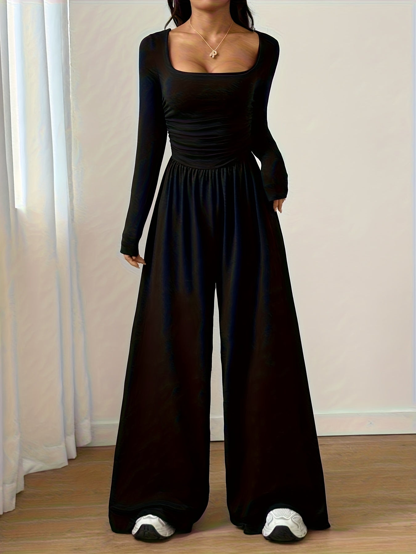 Solid Color Women's Classic Casual Square Neck Long Sleeve Jumpsuit