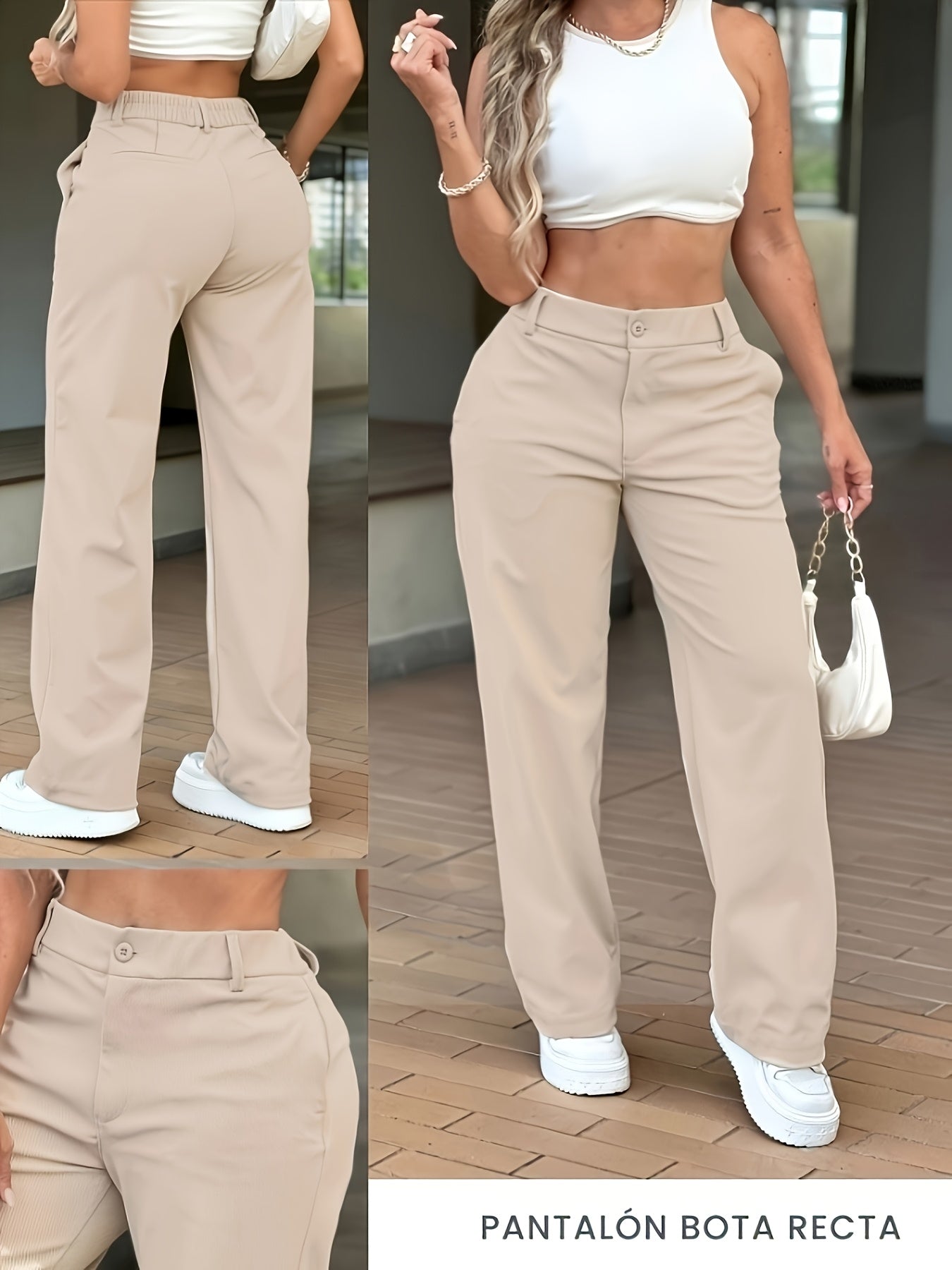 Spicy Khaki Straight-Leg Pants for Women, Loose-Fitting Flowy Versatile Long Pants, Trendy High-Waist Khaki Straight-Leg Pants for Women, and Figure-Flattering Wide-Leg Floor-Length Trousers, Women's White and Khaki High-Waist Slim-Fit Casual