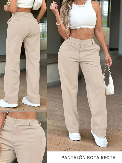 Spicy Khaki Straight-Leg Pants for Women, Loose-Fitting Flowy Versatile Long Pants, Trendy High-Waist Khaki Straight-Leg Pants for Women, and Figure-Flattering Wide-Leg Floor-Length Trousers, Women's White and Khaki High-Waist Slim-Fit Casual