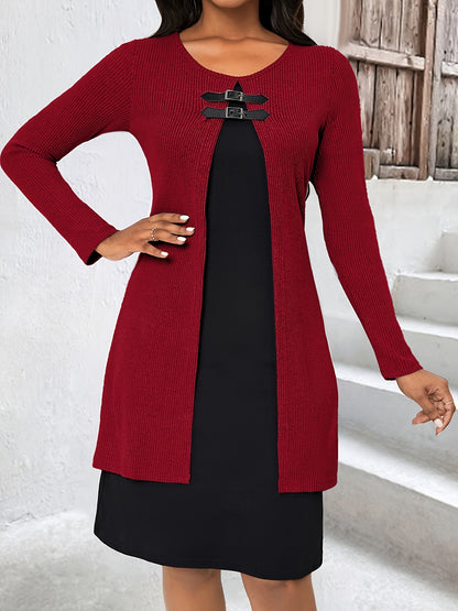 Autumn/Winter New Round Neck 2-in-1 Look Spliced Color-Block Women's Fashion Elegant Dress