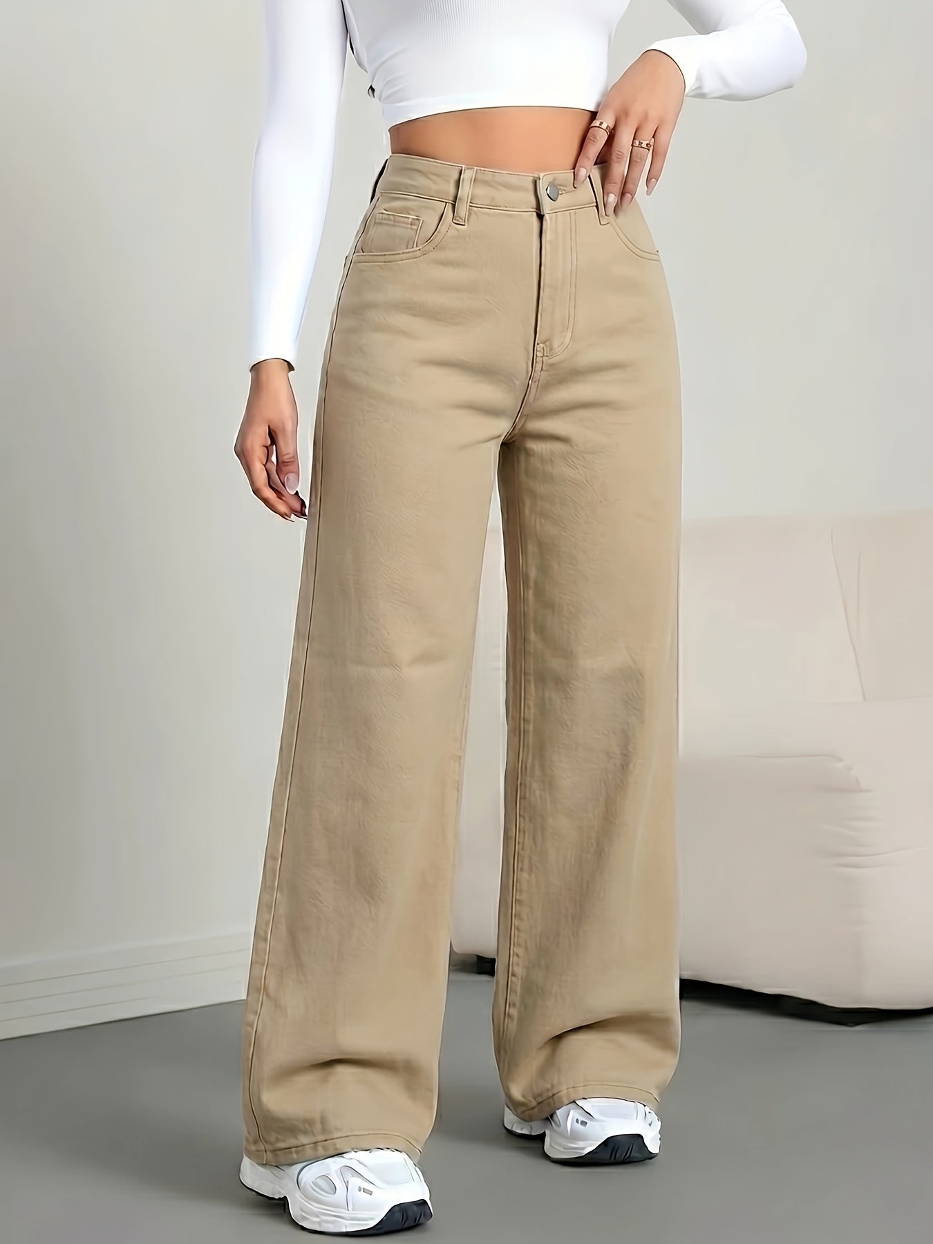 [Denim Wide-Leg Pants] Khaki Washed Denim Pants - Loose Wide-Leg Trousers - Versatile Casual Pants