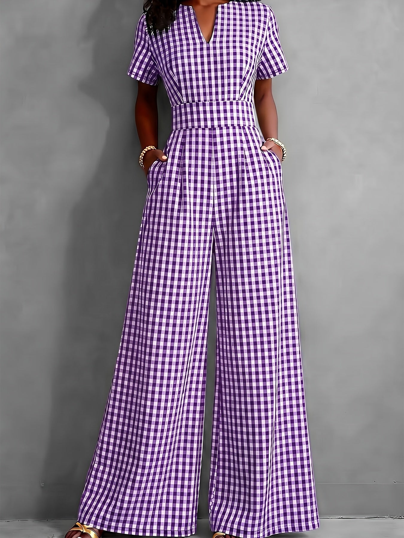 2026 Spring Summer Plaid V-Neck Short Sleeve Jumpsuit Women's, High-Waist Wide-Leg Straight Long Pants, Commute Casual Two-Wear, Waist-Cinching Design Flowing Wide-Leg Trousers