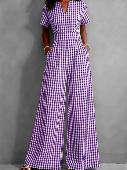2026 Spring Summer Plaid V-Neck Short Sleeve Jumpsuit Women's, High-Waist Wide-Leg Straight Long Pants, Commute Casual Two-Wear, Waist-Cinching Design Flowing Wide-Leg Trousers