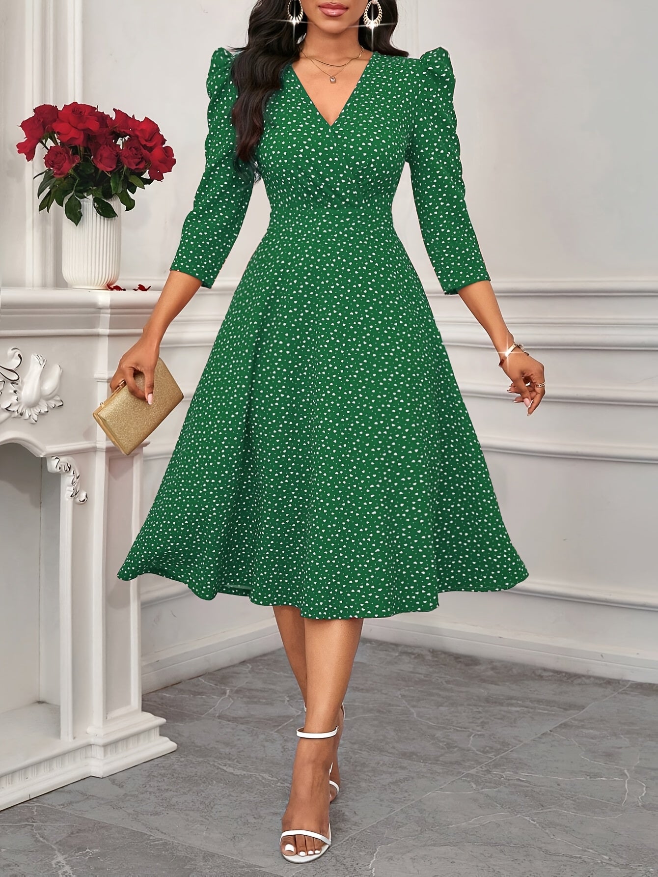 Women'S Valentine'S Day/New Year Party/Daily Work/Four Seasons Suitable Elegant Fashionable Versatile Daily Dating Round Neck Three Quarter Sleeve Waist Flared Long Red Dress, Little Heart Dress