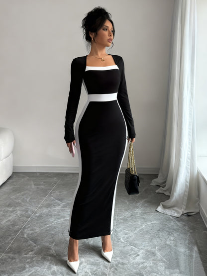 Elegant Black Colorblock Maxi Dress for Women with Square Neck Long Sleeve Bodycon Column Style