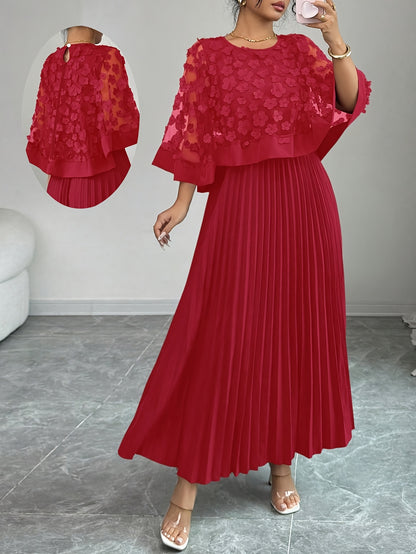 Elegant Floral Applique Two Piece Set for Women with Round Neck Flutter Sleeve Pleated Maxi Skirt Formal Style