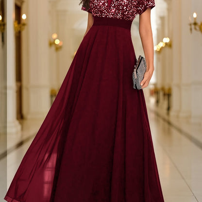 Sequin Spliced Formal Dress Elegant Prom Wedding Guest Gown, Contrast Sequin Chiffon Formal Dress, V-Neck Short Sleeve Sequin Patchwork Slim Fit Long Dress for Graduation Dress, Bride Dress, Birthday Women Outfits, Party Dress, Evening