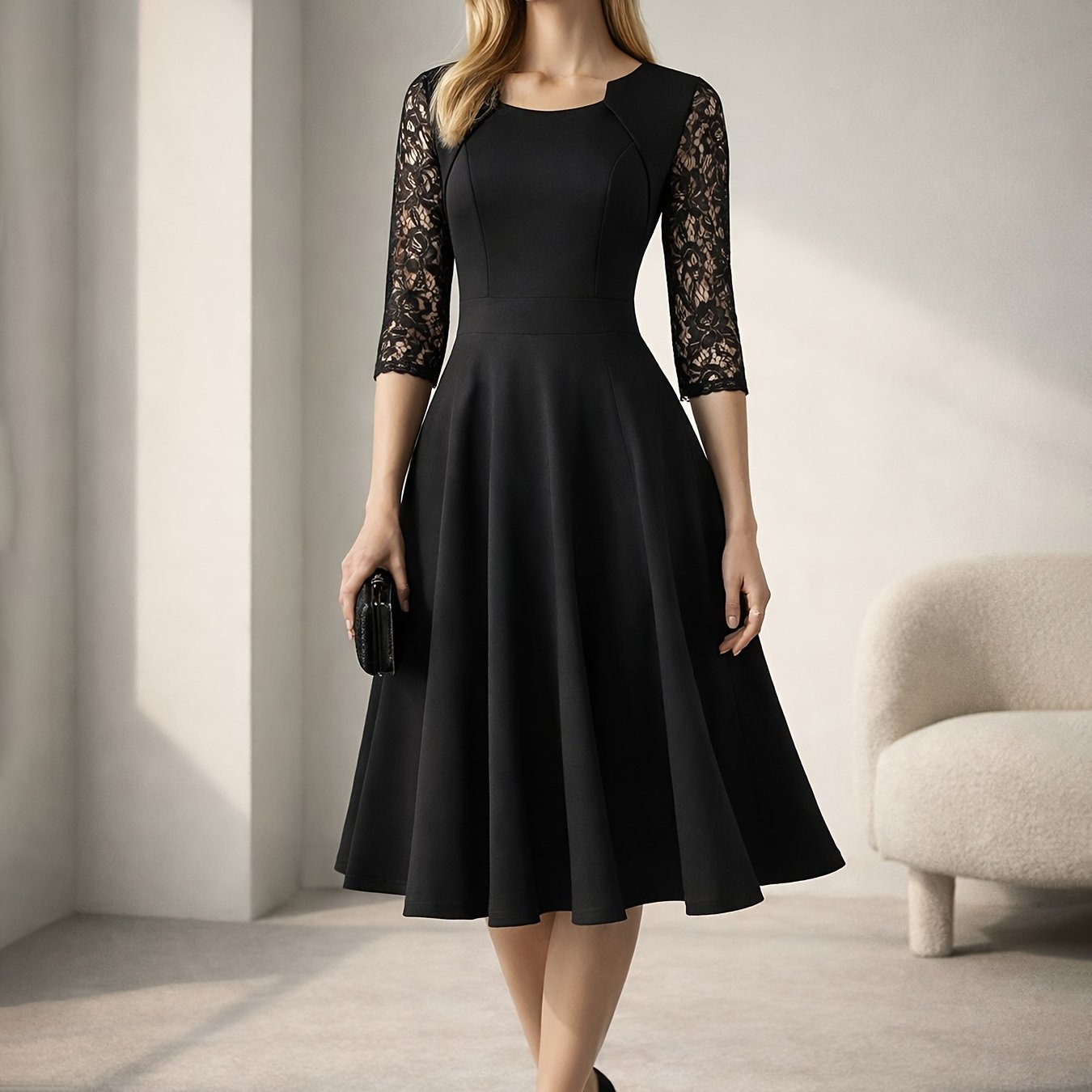 Vintage Floral Lace Party Swing Dress with a Square Neckline for Women
