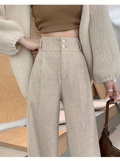 Women's Simple Commuter Straight-Leg Loose Elastic Pants, Draping Tweed Wide-Leg Trousers, Autumn-Winter Women's Clothing, Elegant Casual Long Pants, High-Waisted Suit Pants