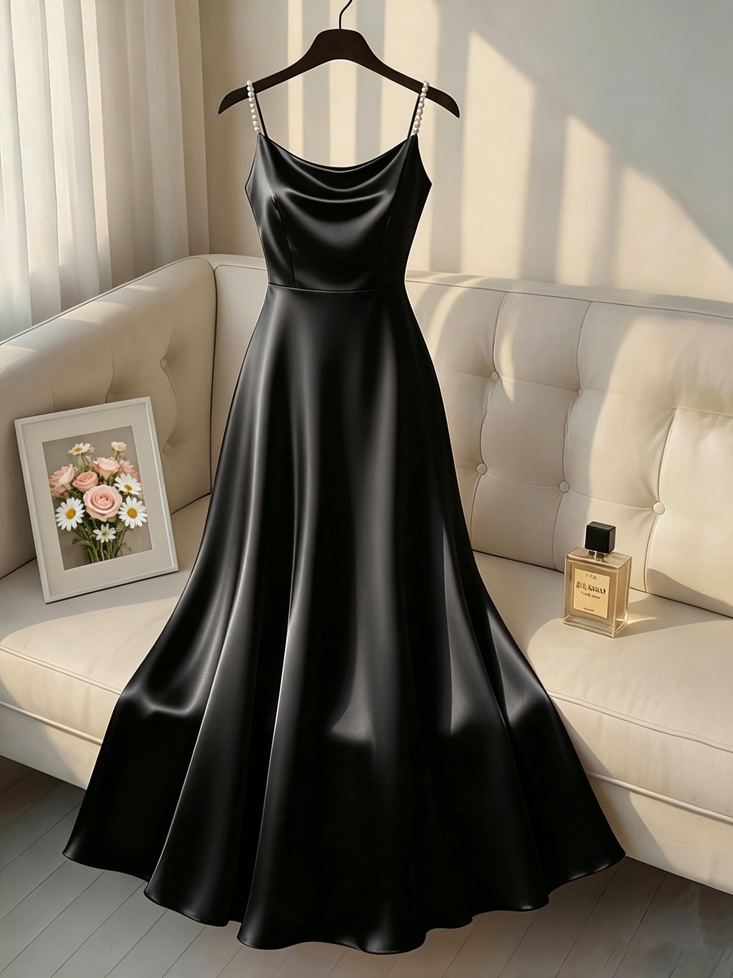 [Pearl Strap] Satin Cami Retro Dress, Suitable for Parties, Weddings, Dates, And Commuting, Luxurious Dress