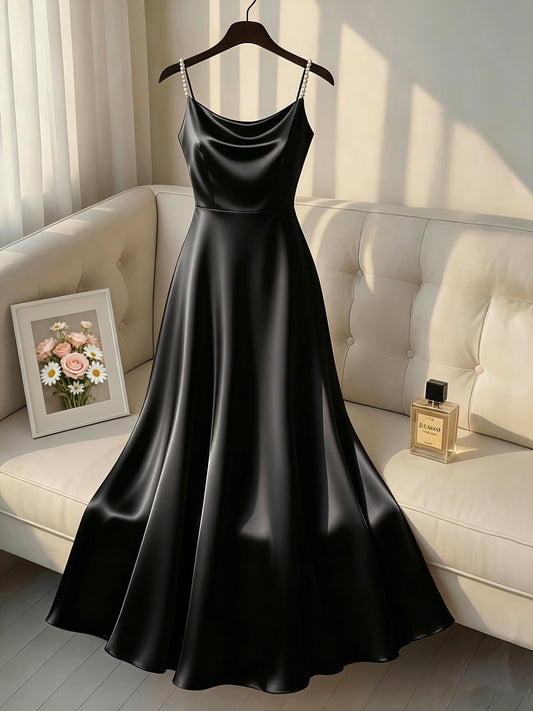 [Pearl Strap] Satin Cami Retro Dress, Suitable for Parties, Weddings, Dates, And Commuting, Luxurious Dress