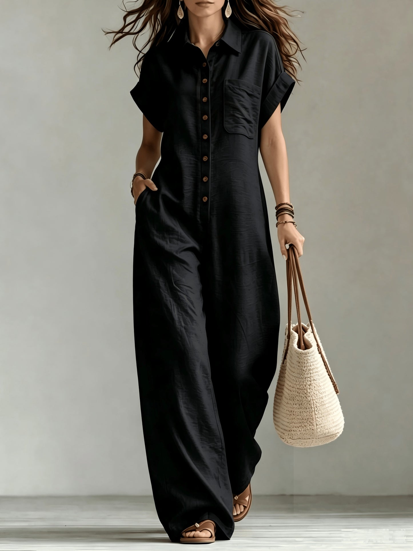 Women's Summer Short Sleeve Jumpsuit/Collared Single-Row Button Loose Straight Style/Casual Cargo Overalls/Loose Straight Drape Long Pants/Daily Commute Casual All-Match Fashion Comfortable