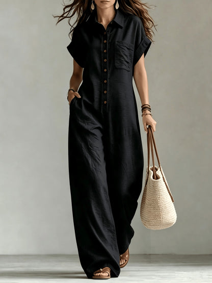 Women's Summer Short Sleeve Jumpsuit/Collared Single-Row Button Loose Straight Style/Casual Cargo Overalls/Loose Straight Drape Long Pants/Daily Commute Casual All-Match Fashion Comfortable