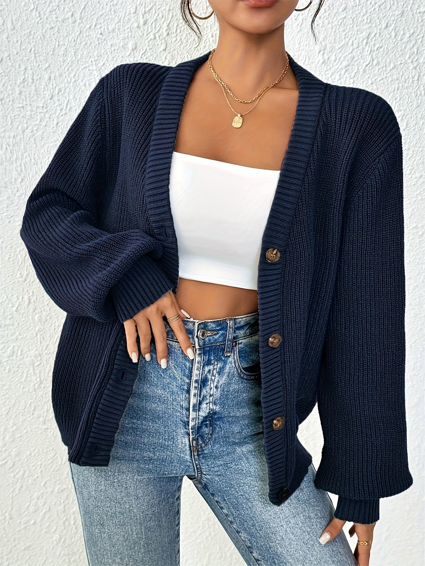 Self-designed Elegant Women's Solid Color Front-button Cardigan Sweater Coat for Spring and Autumn