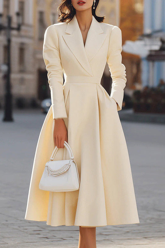 Elegant Tailored Coat Dress for Women with Lapel Collar Long Sleeve A Line Flowing Style