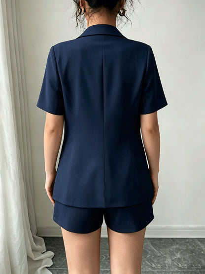 Elegant Casual Commuter Suit Set, Solid Color Short-Sleeve Blazer, Shorts/Wide-Leg Pants, Women's Spring/Summer Style