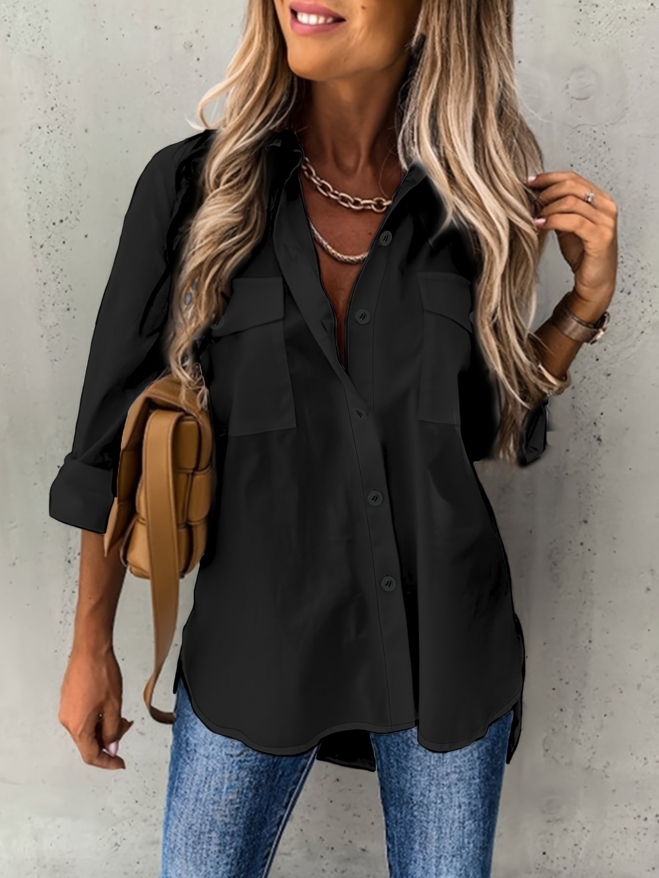 Button Front Long Sleeve Shirt, Casual Solid Office Shirt With Collar, Women's Clothing