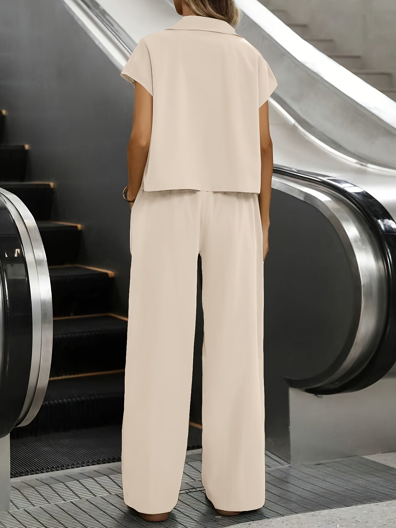 Women's Casual Solid Color Shirt and Pants 2pcs Set, Spring Summer 2pcs Set: Solid Color Button-Up Short Sleeve Top and Pocket Pants, Women's Casual Elegant Spring Summer 2pcs Outfit, Women's Outing and Date Wear, Spring Summer Women's Clothing