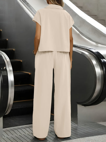Women's Casual Solid Color Shirt and Pants 2pcs Set, Spring Summer 2pcs Set: Solid Color Button-Up Short Sleeve Top and Pocket Pants, Women's Casual Elegant Spring Summer 2pcs Outfit, Women's Outing and Date Wear, Spring Summer Women's Clothing
