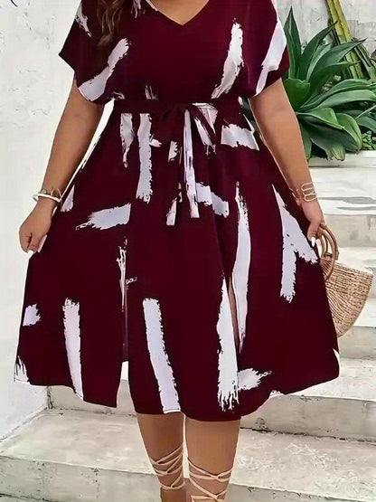 Plus Size, Plus Size Wine Red Lace-up X-cut Dress