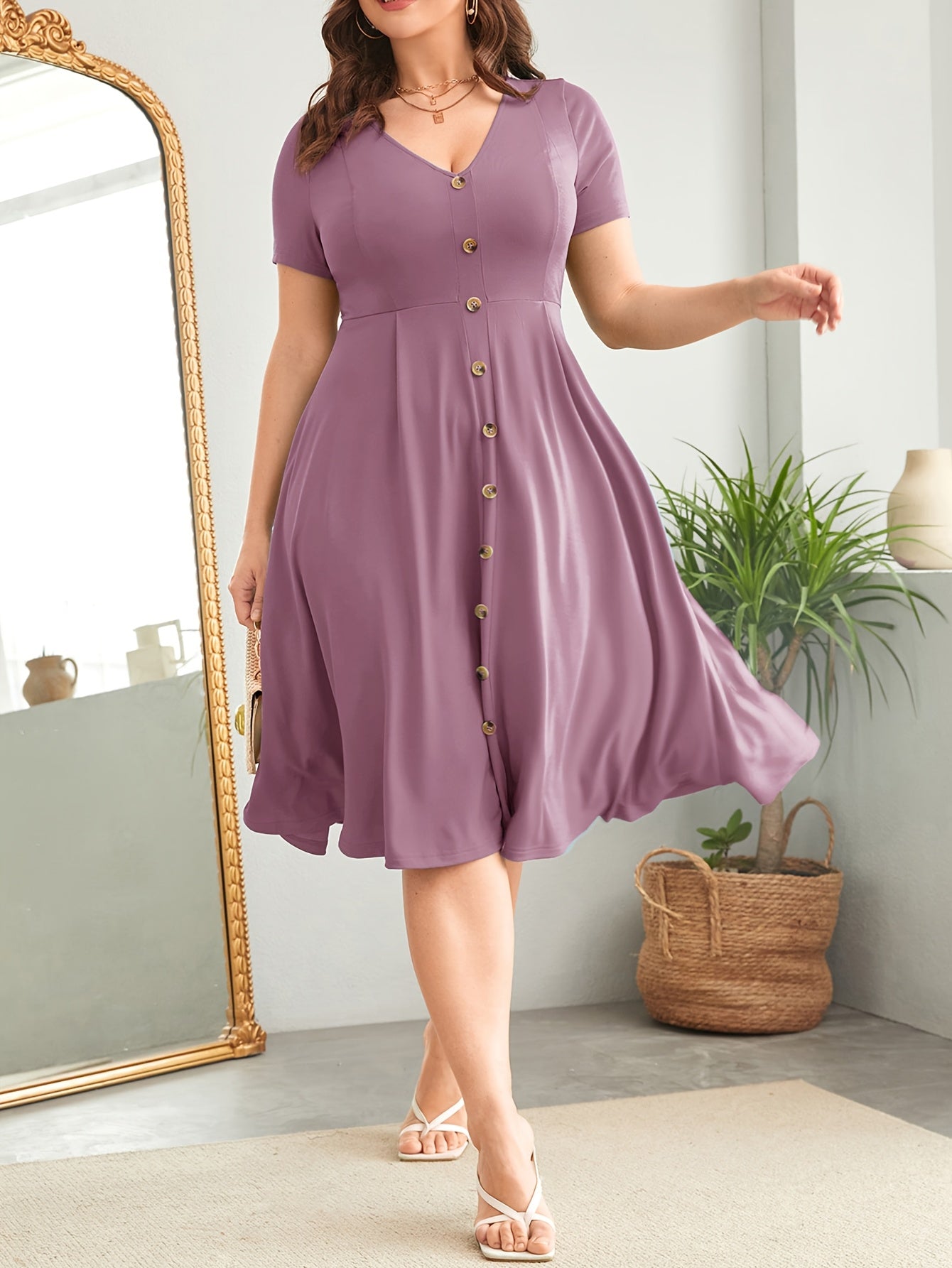 Plus Size - Plus Size - Plus Size Women'S Buttoned V-Neck Waist Dress