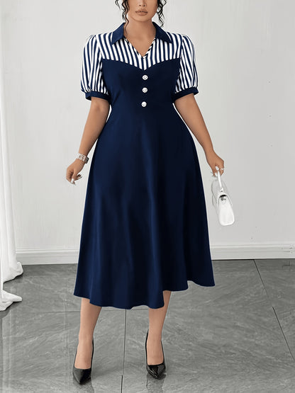 Plus Size Navy Striped Shirt Dress Retro Puff Sleeve V-Neck Midi Dress Women'S Elegant Commute A-Line Skirt
