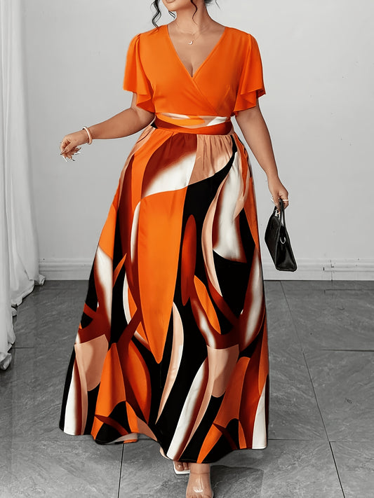 Elegant Orange Abstract Print Maxi Dress for Women with V Neck Flutter Sleeve Cutout Waist Flowing Style