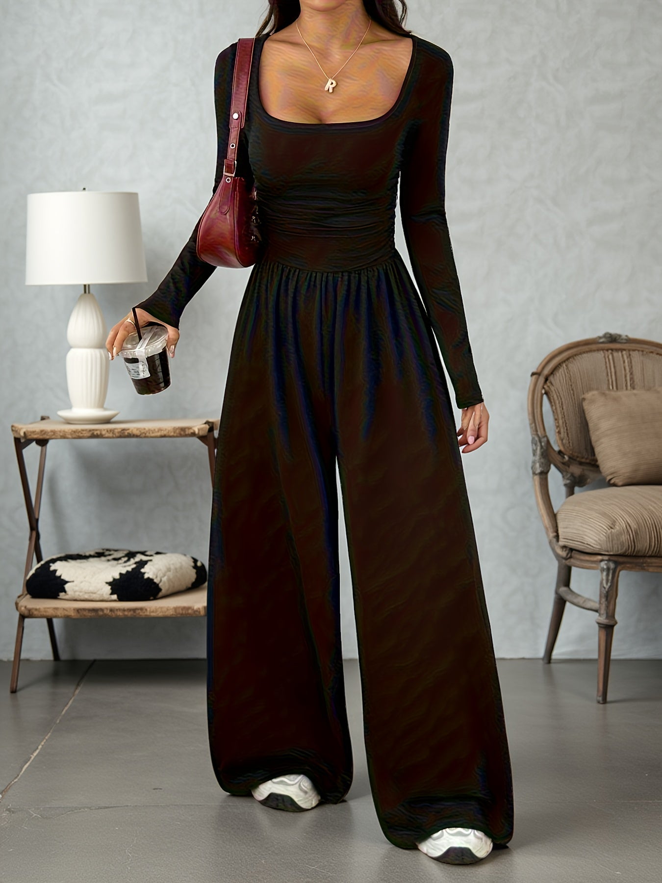 Solid Color Women's Classic Casual Square Neck Long Sleeve Jumpsuit