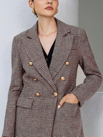 This Elegant And Stylish Double-Breasted Houndstooth Blazer Is Perfect for Commuting, Vintage Office Settings, And Everyday Wear, And It Is Machine Washable