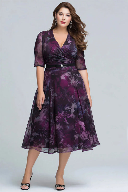 Elegant Purple Floral Midi Dress for Women with V Neck Elbow Sleeve Belted Wrap Wedding Guest Style