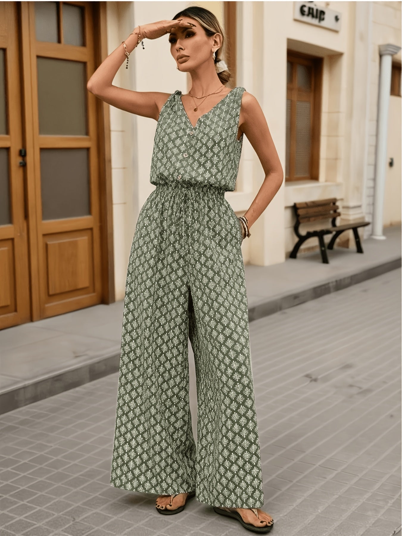 Women's Casual Jumpsuit/Summer Wide-Leg/Printed Sleeveless V-Neck Long with Pockets and Buttons/Green, Apricot