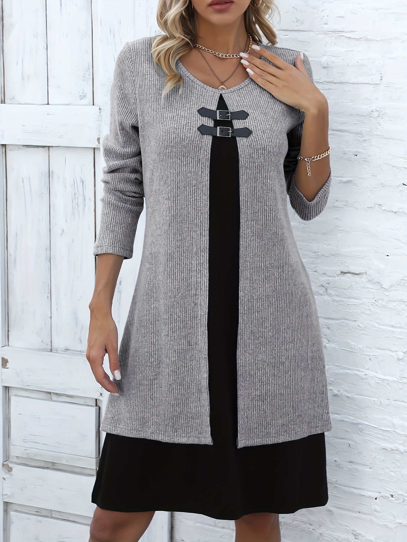 Autumn/Winter New Round Neck 2-in-1 Look Spliced Color-Block Women's Fashion Elegant Dress