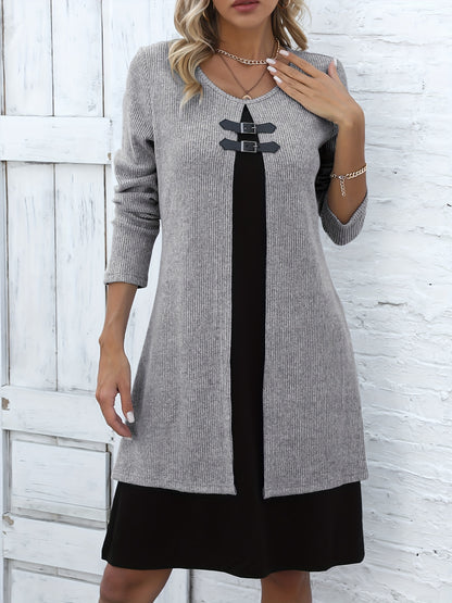 Autumn/Winter New Round Neck 2-in-1 Look Spliced Color-Block Women's Fashion Elegant Dress