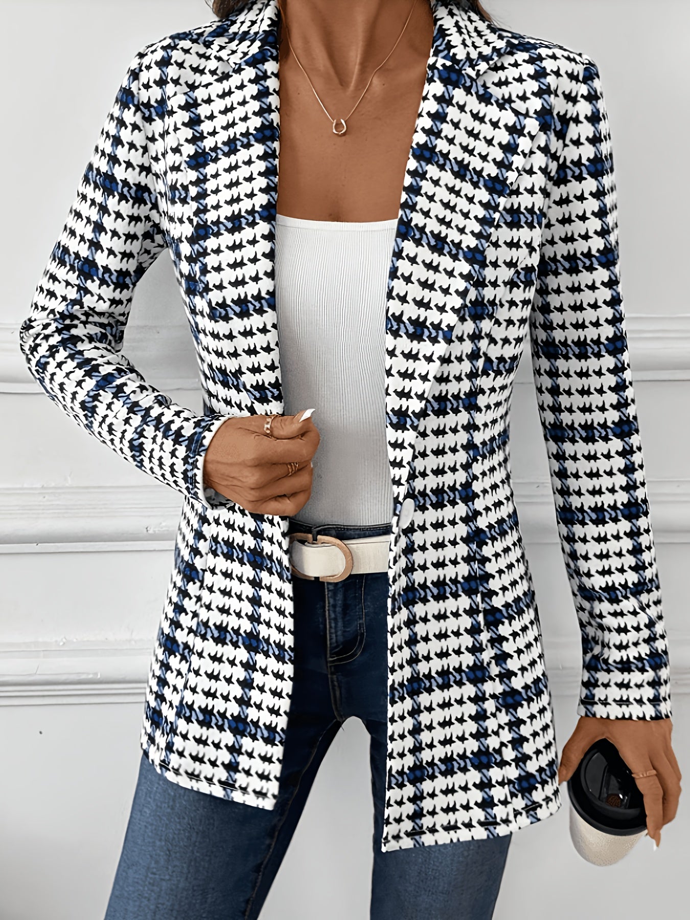 ASD1 Fashionable Women's Elegant Suit Jacket, Stylish Slim-Fit Houndstooth Print Lapel Blazer