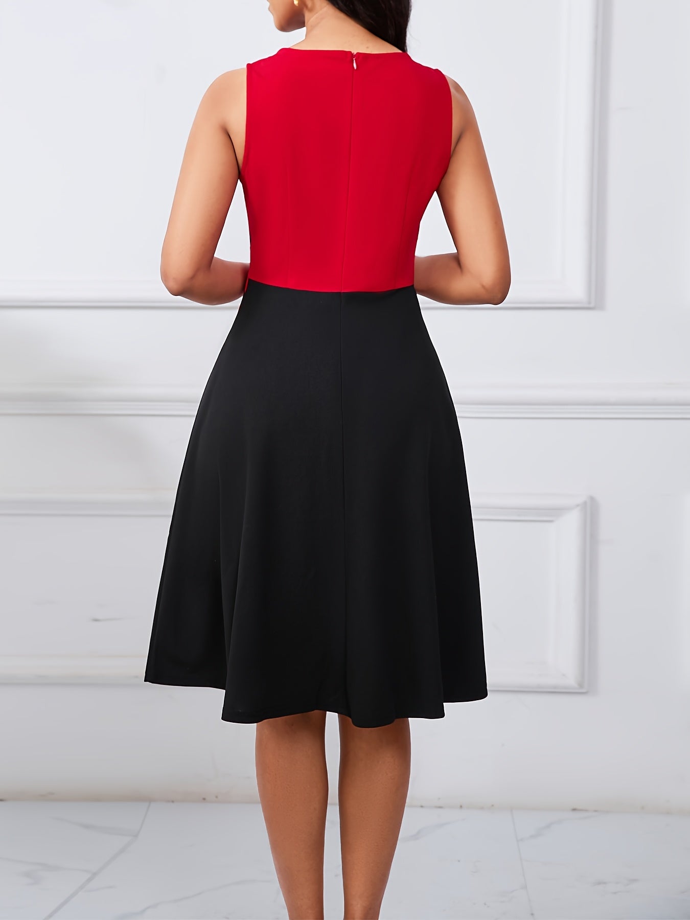 Elegant Red Colorblock Midi Dress for Women with Notch Neck Sleeveless Crisscross Waist Fit and Flare Style