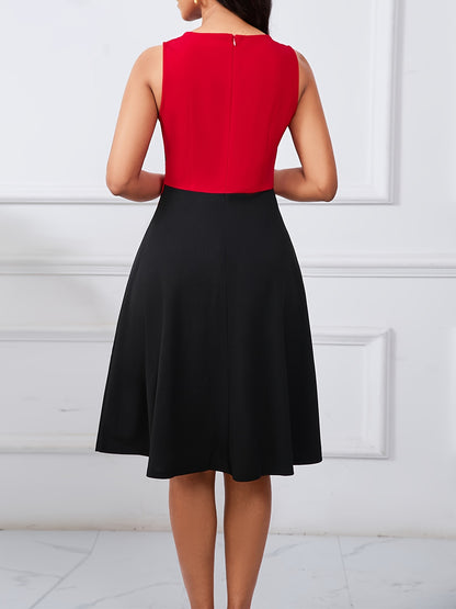 Elegant Red Colorblock Midi Dress for Women with Notch Neck Sleeveless Crisscross Waist Fit and Flare Style