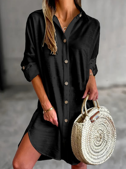 Chic Women's Long Sleeve Button-Up Shirt Dress - Casual Solid Color with Collar, Breathable Polyester, Perfect for Spring & Fall, Machine Washable