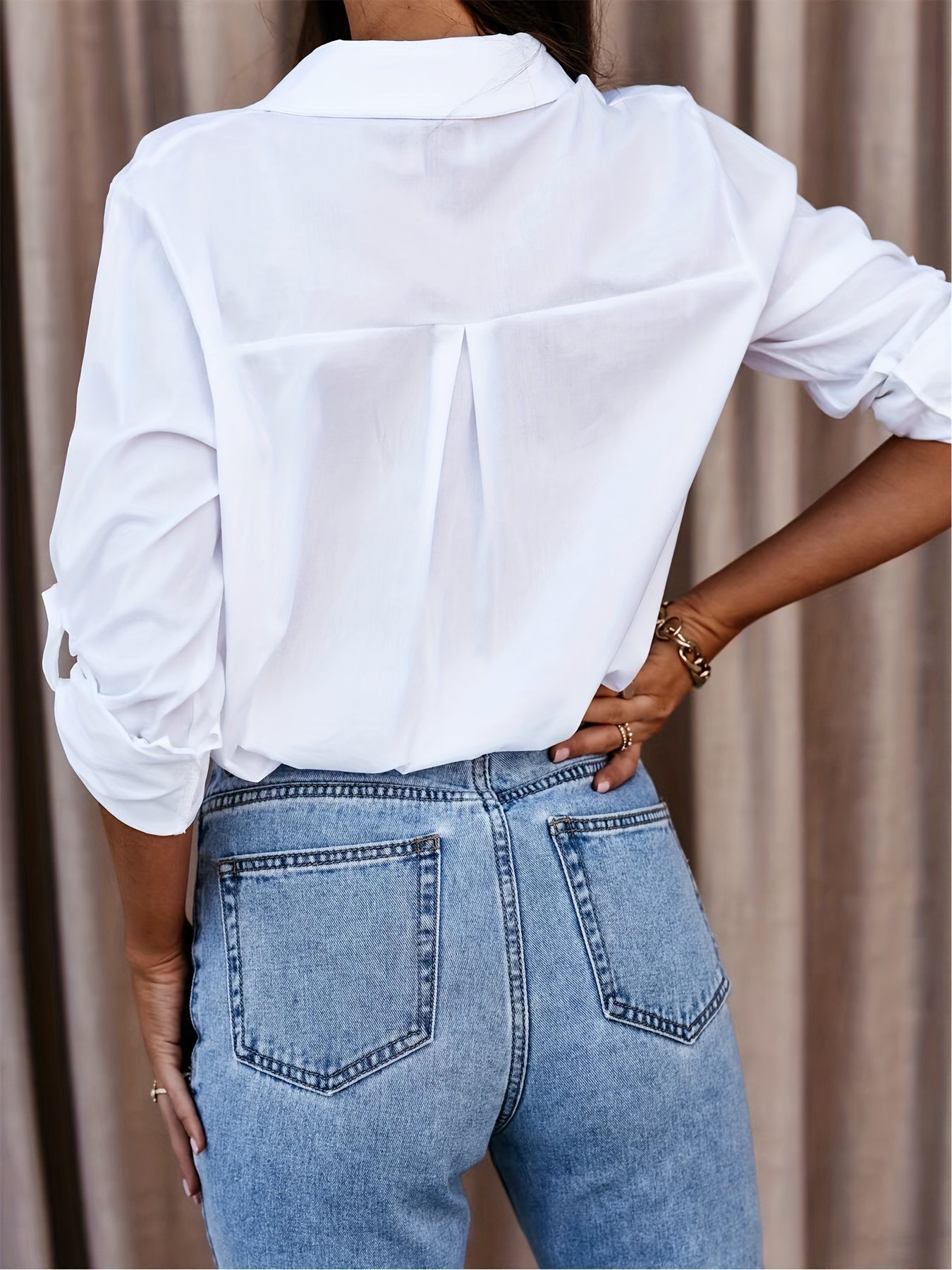 Pure White Long-sleeve V-neck Button- Shirt