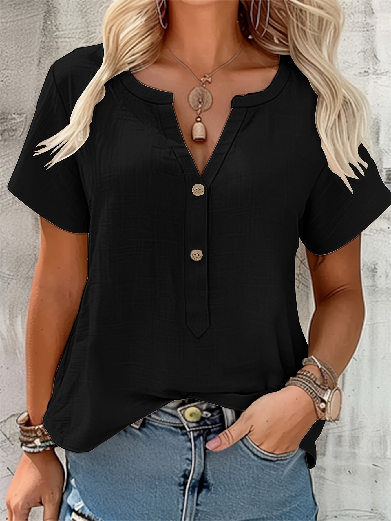 Women's Elegant V-Neck Blouse - Loose Fit Button-Front Top, Non-Stretch Casual & Formal Shirt for Everyday Special Occasions - Women's Clothing, Versatile Top, Lightweight Fabric, Stylish Top, Fashion Women