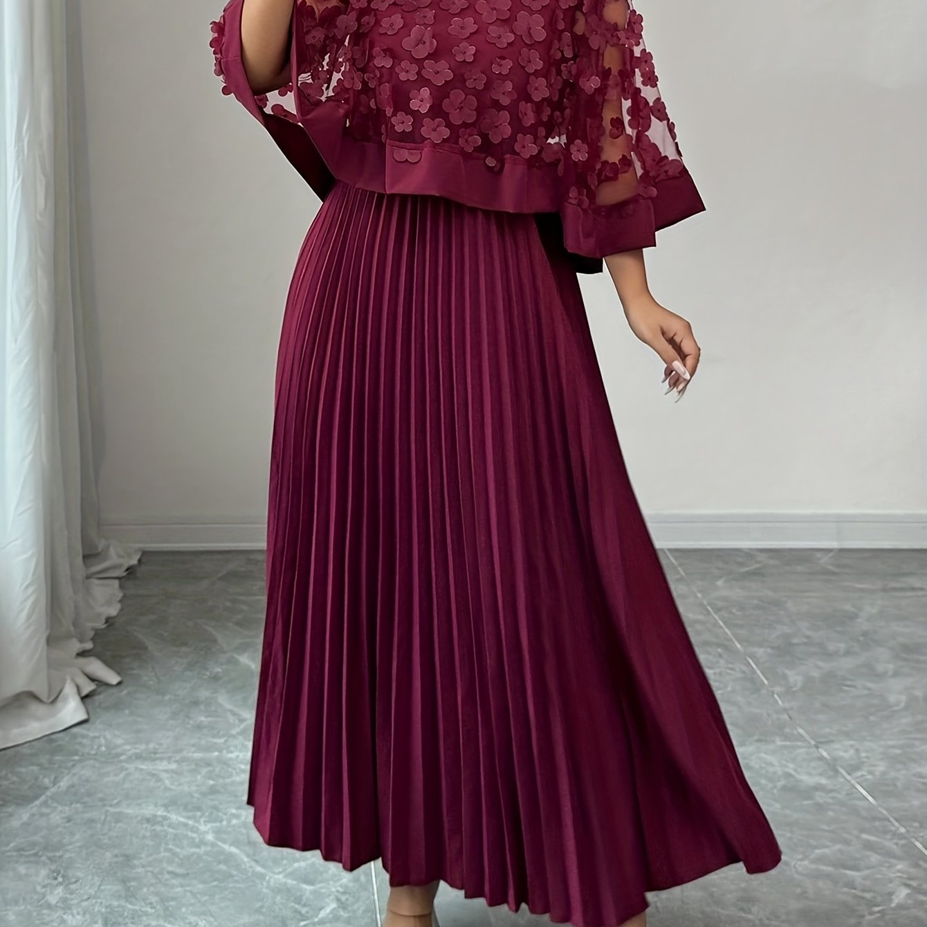 Elegant Floral Applique Two Piece Set for Women with Round Neck Flutter Sleeve Pleated Maxi Skirt Formal Style