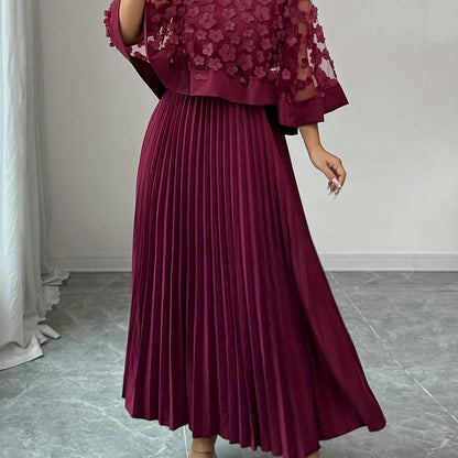 Elegant Floral Applique Two Piece Set for Women with Round Neck Flutter Sleeve Pleated Maxi Skirt Formal Style